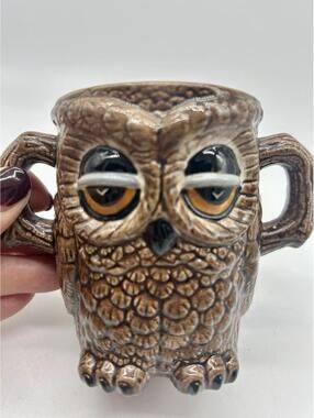 Vtg Sleepy Owl 3D Mug Brown Ceramic Coffee Cup Mug 1980 2 Handle Sugar Planter